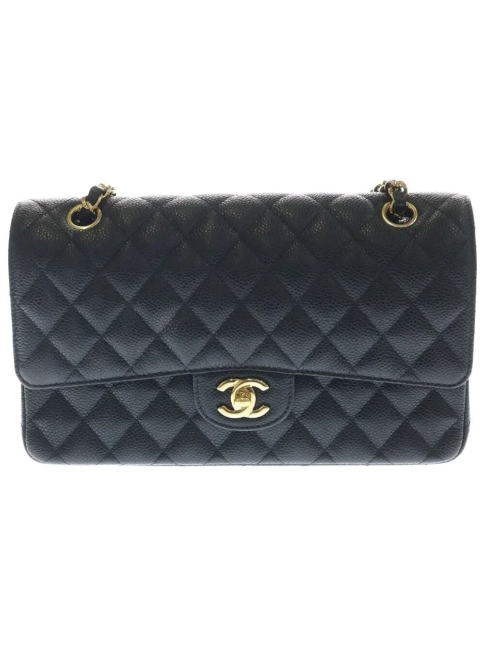 Chanel Quilted 25 Caviar Leather Double Flap Chain Shoulder Bag Gold Black